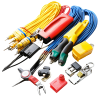 A collection of electrician tools with various cables and connectors organized for efficient use in electrical tasks, Group of electrician tools isolated png