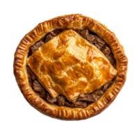 Beef pie topped with golden crust, viewed from above on a clean transparent background, showcasing its hearty filling, pie filled beef top view isolated on transparent background png