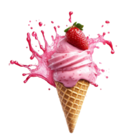 Delicious strawberry ice cream cone with a splash captured against a clean transparent background for summer treat bliss, Strawberry Ice Cream Cone with Splash on transparent background png