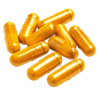 Turmeric capsules scattered on a clean transparent background showcasing their vibrant golden color and distinct shape, Turmeric Capsule on transparent background png