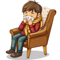 A young patient sitting in a chair, feeling unwell due to cold and flu symptoms while resting at home, file no background Patient with cold and flu sitting on a chair png