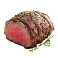 Juicy roasted beef with herbs on a transparent background showcasing a well cooked cut ready for serving, Roasted beef isolated on transparent background png