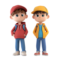 Two cartoon boys in casual attire standing together against a plain background, 3D cartoon boys on transparent background png