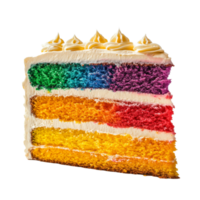 A delicious layered rainbow cake with vibrant colors and creamy frosting isolated on a transparent background, layered rainbow cake isolated on transparent background png