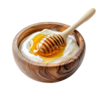 Delicious honey drizzled over creamy yogurt in a rustic wooden bowl on a transparent background, Honey with yogurt in a wooden bowl on a transparent background png