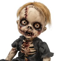 A creepy doll with stitched scars and haunting eyes in a Halloween themed display against a transparent background, Creepy Doll Halloween Horror Character On transparent background png