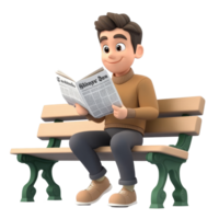 Male cartoon character enjoying a newspaper while sitting on a park bench during the morning, 3d cartoon character male reading newspaper on a bench, on transparent background png