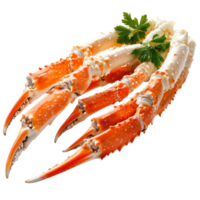 Freshly cooked crab legs served on a transparent background garnished with parsley for an appetizing presentation, Fresh tasty cooked crab legs on a transparent background. crab legs png