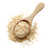 Fresh sesame seeds in a wooden spoon placed on a clean transparent background ready for culinary use, Fresh sesame seeds on a transparent background png