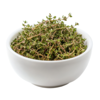 Dried thyme leaves in a transparent bowl on a clean transparent background ready for culinary use or flavoring dishes, dry thyme leaves in transparent bowl isolated on transparent background png