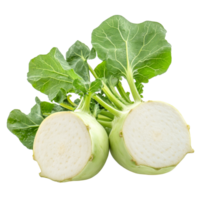 Fresh kohlrabi with vibrant green leaves displayed against a clean transparent background for a crisp culinary look, Fresh kohlrabi with green leaves on transparent background png