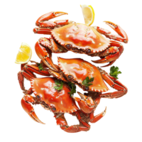 Boiled crabs garnished with lemon and herbs on a transparent background in a transparent hue, Boiled crabs prepared on transparent background png