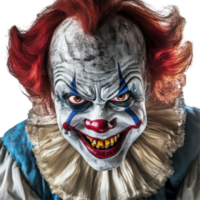 This unsettling figure features a menacing expression with sharp teeth, vibrant red hair, and dramatic makeup, Evil clown on transparent background png