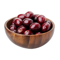 Fresh jujube fruits placed in a wooden bowl on a clean transparent background, Jujube in wood bowl isolated on transparent background png