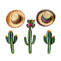 Cacti adorned with vibrant sombreros against a transparent background for a festive celebration, Cacti with Sombreros on transparent background Festive Mexican Plants Concept png