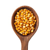 Corn seeds in a wooden spoon on a clean transparent background, highlighting their vibrant color and texture for culinary uses and gardening, corn seeds in wood spoon on transparent background png