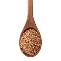 Buckwheat grains scooped in a wooden spoon against a transparent background for cooking or baking, Buckwheat in wood spoon isolated on transparent background png