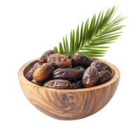 Fresh dates in a wooden bowl with a palm leaf on a transparent background showcasing natural textures and colors, date palm in wood bowl isolated on transparent background png