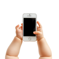 Babys hands grasping a smartphone in a playful moment against a clean transparent background, Babys Hands Holding Smartphone Isolated on transparent background png