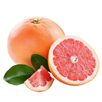 Fresh grapefruit halves with vibrant pink flesh and green leaves isolated on a clean transparent background, Grapefruit isolated on transparent background background png