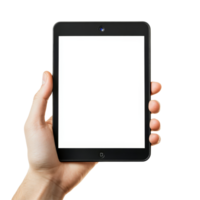 A human hand is holding a tablet with a blank screen against a neutral background in a well lit environment, human hand holding tablet with blank display screen isolated on transparent background png