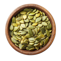 Pumpkin seeds in a wooden bowl on a transparent background ready for healthy snacking or cooking, Pumpkin seeds in wood bowl on transparent background png