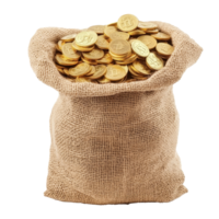 Burlap sack filled with shimmering gold coins resting on transparent for a luxurious touch, Burlap sack full with gold coins isolated on transparent background Stock Photo png