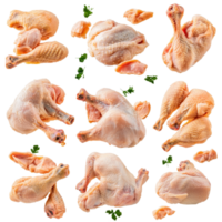 Collage of isolated raw chicken parts on a transparent background showcasing various cuts and shapes for culinary use, Isolated whole raw chicken parts collage png