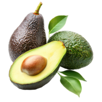 Fresh avocados with one halved featuring a smooth creamy texture and vibrant green color, Avocado isolated png