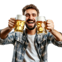 Joyful man performing a celebration toast with two beer mugs at a lively gathering, Joyful Man Raising a Beer Mug Celebration Toast Isolated on transparent background png