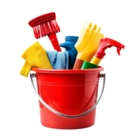 Colorful cleaning supplies and tools in a red bucket set against a transparent background for effective home cleaning, Cleaning Supplies and Tools in Bucket on transparent background png