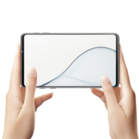 Horizontal mockup of a mobile phone display held by hands with a minimalist design showcasing a smooth interface, Mobile phone display mockup, horizontal smartphone screen in hands, isolated on transparent png