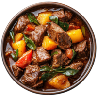 Hearty stewed beef with vegetables served in a bowl, perfect for a cozy meal at any time, Stewed beef with vegetables top view isolated on transparent background png