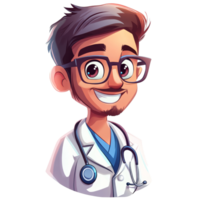 Smiling cartoon doctor with stethoscope on a bright transparent background, ideal for health related illustrations or educational use, Cartoon Doctor Vibrant Character Isolated on transparent background png
