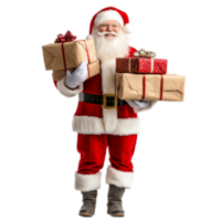 Santa Claus standing with colorful presents on a bright transparent background during the holiday season, santa claus with presents isolated on transparent background png