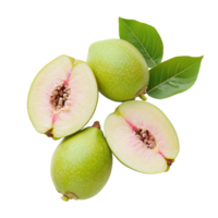 Fresh guava slices with vibrant green leaves resting on a pristine transparent background showcasing natural beauty, Guava on transparent background background png