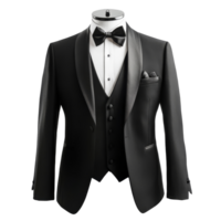 Elegant black tuxedo suit displayed on a mannequin against a clean transparent background, black tuxedo suit for mockup,isolated transparent background png