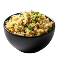 Healthy quinoa salad served in a black bowl on a clean transparent background ready for a nutritious meal, Quinoa in black bowl on transparent background png