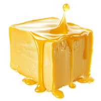 A close up view of melting butter drizzling on a beautiful transparent surface in bright lighting, A piece of melting butter isolated png