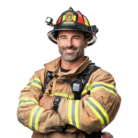 Friendly firefighter portrait with arms crossed, showcasing dedication and readiness in emergency response, firefighter portrait, friendly smiling arms crossed isolated on solid transparent background png