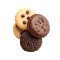A delightful arrangement of various cookies isolated on a transparent background, featuring chocolate chip, chocolate, and sugar cookies, Cookies isolated on transparent background png