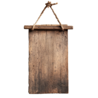 Medieval wooden board hanging on a rope against a plain transparent background, showcasing rustic texture and history, old medieval wood board hanging isolated on transparent background png