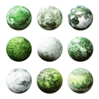 A collection of green fantasy planets showcasing unique textures and patterns in a celestial arrangement, Set Green Planets, Fantasy Celestial Bodies with Unique Textures, Isolated on transparent background png