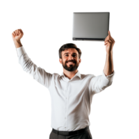 A man stands enthusiastically raising a laptop in a bright classroom during a teaching moment, a man teacher standing up while holding up a laptop, file of isolated object on transparent background png