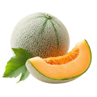 Fresh cantaloupe melon with a leaf isolated on a transparent background in a hue, cantaloupe melon with leaf isolated on transparent background png