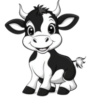 A cheerful black and transparent cartoon cow with big eyes posing adorably against a simple transparent background, cute black and transparent cartoon cow isolated on transparent background png