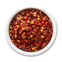 Crushed red chili pepper in a transparent bowl against a smooth transparent background highlighting its rich color and texture, Crushed red chili pepper in transparent bowl on transparent background png