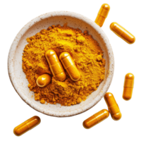 Turmeric powder and capsules in a bowl, showcasing their natural medicinal properties and health benefits, Turmeric powder and turmeric capsules in a plate on transparent background png