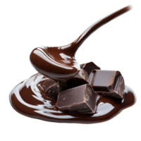 Rich liquid chocolate flowing smoothly over chocolate squares on a clean transparent background, liquid chocolate isolated on transparent background png