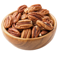 Fresh pecans in a wooden bowl against a bright transparent background showcasing their natural texture and color, Pecans in wood bowl on transparent background png